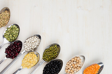 Decorative border of assortment pulses beans in  spoons with copy space on white wood background. Top view, closeup.