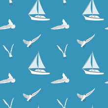 Seamless Vector Pattern With Flying Seagulls And Yacht On Blue Background