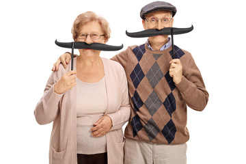 Wall Mural - Cheerful seniors with big fake moustaches