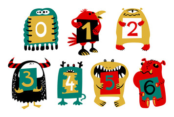 Kids alphabet with сcute colorful monsters or insects. Funny animals with numbers