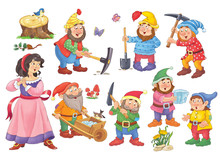 Snow White And The Seven Dwarfs. Fairy Tale. Illustration For Children. Cute And Funny Cartoon Characters
