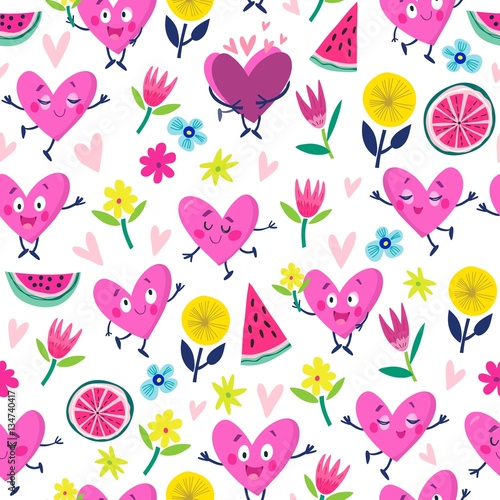 Cotton fabric Vector seamless pattern of funny hearts