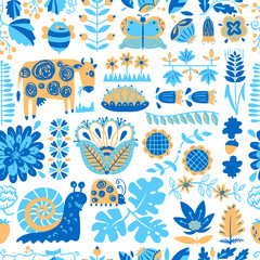 Poster - Floral seamless pattern with animals and insects.