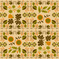 Poster - Floral seamless pattern with ladybird and vine. Geometrical background with flowers