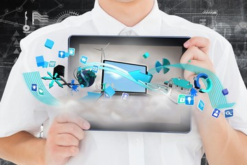 Wall Mural - composite image of geeky businessman showing his tablet pc