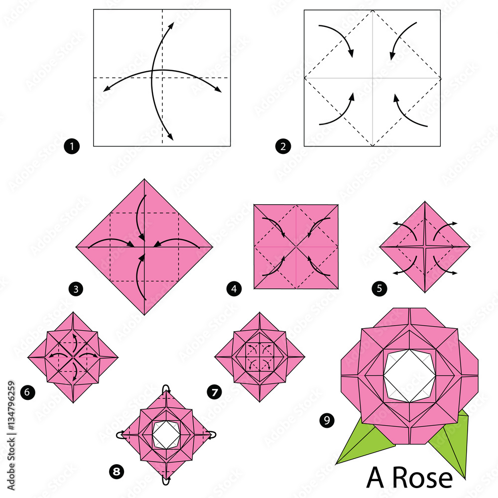step by step instructions how to make origami A Rose. Stock Vector