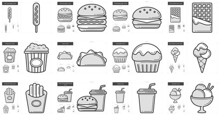 Sticker - Junk food line icon set.