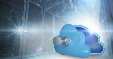 Wall Mural - composite image of blue locker in cloud shape with key 3d