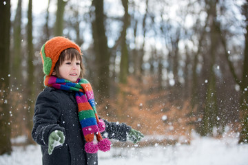 Canvas Print - Happy little child, boy, playing outdoors in a snowy park