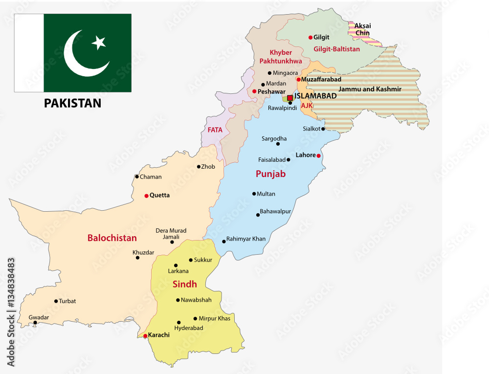 pakistan administrative and political map with flag - obrazy, fototapety, plakaty 