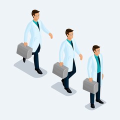 Wall Mural - Set of isometric medical workers doctor in lab coat on the move, is isolated on a light background. Vector illustration