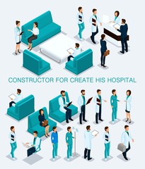 Wall Mural - Business people isometric set to create his illustrations, hospitals, doctors, patients, reception, Nurse 3D medical staff isolated on a light background