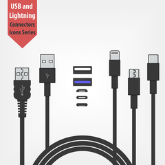 set of usb and Lightning interface black cables  isolated on white background. Micro USB, USB type c and Lightning sockets. Vector icon for computer peripherals connector or smartphone recharge supply