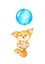 Cute Fox Flying On Blue Balloon