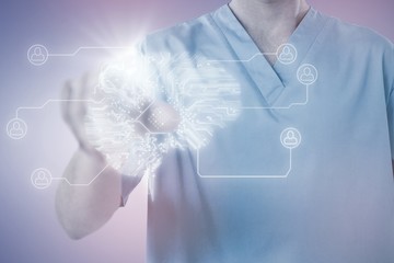 Composite image of male nurse touching invisible screen