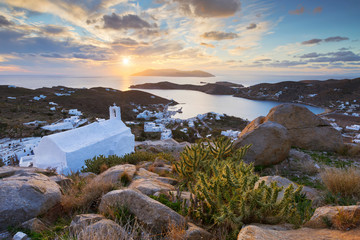 Wall Mural - Church over chora on Ios island late in the evening.