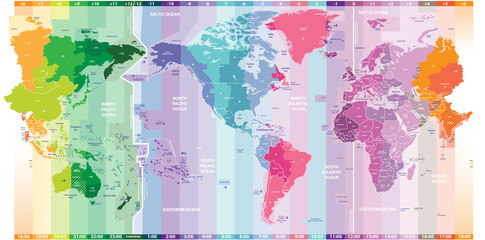 Wall Mural - standard time zones of the world political map centered by america vector illustration