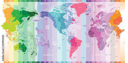 Naklejka na szafę Kolorowe standardowe strefy czasowe światowej mapy