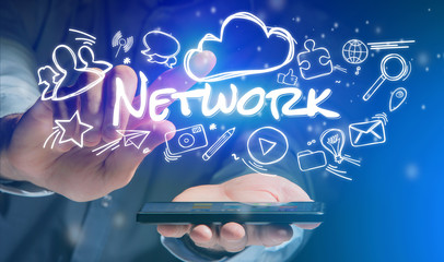 Concept of man holding smartphone with network icon around