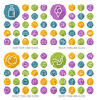 © treter - Set of 80 Universal Flat Minimalistic Thin Line Icons on Circular Colored Buttons ( Baby , Beach , Music and Sport Icons) on White Background.