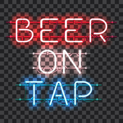 Wall Mural - glowing neon bar sign beer on tap isolated on transparent background. shining and glowing neon effec