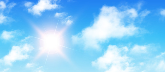 Wall Mural - sunny background, blue sky with white clouds and sun