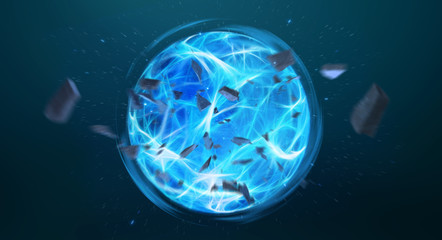 Poster - Digital blue exploding superpower ball 3D rendering