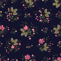 Wall Mural - seamless floral pattern with rosrs on dark blue background