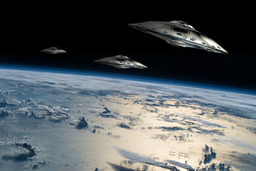 Wall Mural - a fleet of flying saucers approach earth - elements of this image furnished by nasa.