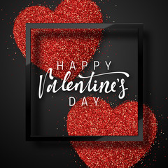 Wall Mural - Happy Valentines Day lettering greeting card on red bright heart background. Festive banner and poster.