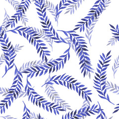 Naklejka na meble Seamless pattern with blue branchea and leaves on white background. Hand drawn watercolor illustration.