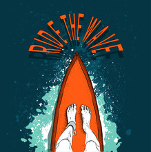 Surfer On The Board And Big Wave. Vector Illustration.