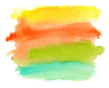 Colorful Yellow, Orange, Green And Turquoise Blue Stripes Painted In Watercolor On Clean White Background
