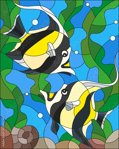 Naklejka na szybę Illustration in stained glass style with a pair of Moorish idols on the background of water and algae