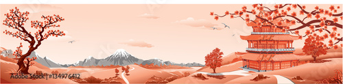 Plakaty orientalna   panorama-natury-palac-azji-wulkan-gory-rzeki-i-wzgorza-porosniete-drzewami-sakura