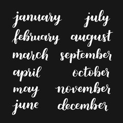Wall Mural - Calligraphic set of quote Hello months of the year. Brush handwritten Hand lettering names of months. Calligraphic isolated set in white ink on black background. Vector illustration