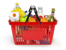 Shopping Market Basket With Variety Of Grocery Products Isolated On Whi
