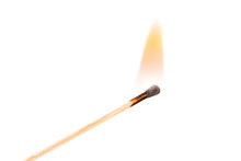 Burning Safety-match With Red, Orange, Yellow Fire. Isolated On White Background. Burning Match In Male Hand. Burning Match Detail On White Background. Burning Match-stick Detail.