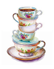 Party Colorful Tea Cups And Saucers Closeup. Sketch Handmade. Postcard For Valentine's Day. Watercolor Illustration.