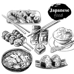 Set of hand drawn Japanese food isolated on white background. Japanese food sketch elements. Retro hand-drawn sushi with chopsticks vector illustration. Great for poster, banner, voucher, coupon.