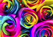 Rainbow roses on white bricks and wood background. Postcard for Valentine's and Mother's day