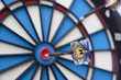 © NikolaJankovic - Dart with a smiley emoticon on the flights hits bull's eye with selective focus on the emoticon
