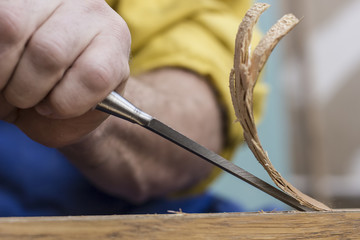 Wall Mural - Carpenter makes a hole in old wooden door for the mortise lock with a hammer and chisel. Close-up.