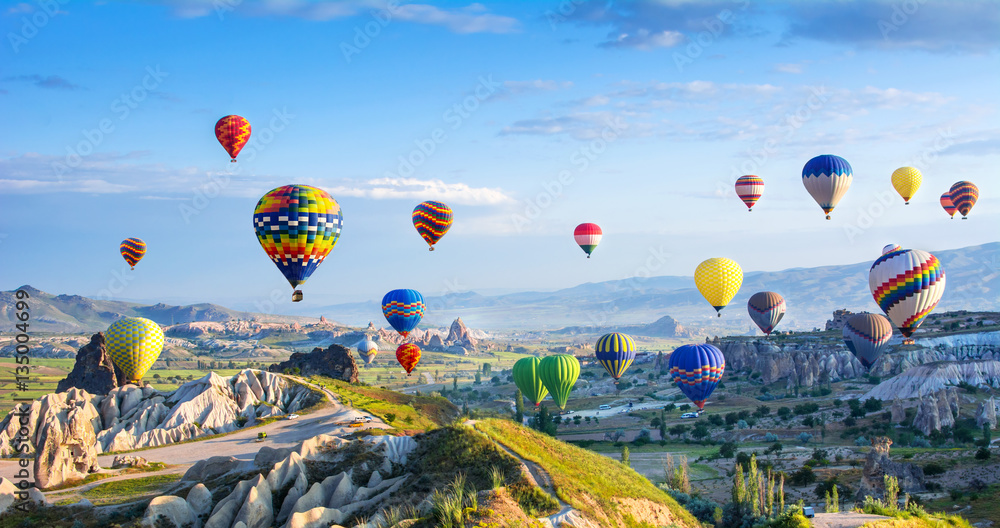 The great tourist attraction of Cappadocia - balloon flight.  - obrazy, fototapety, plakaty 