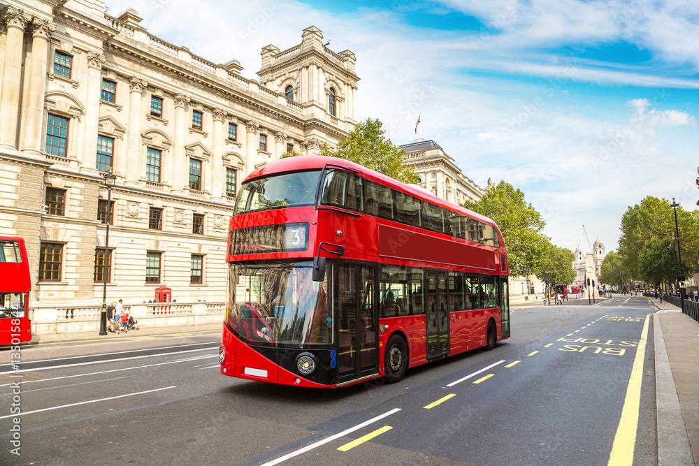 Modern red double decker bus, London - obrazy, fototapety, plakaty 
