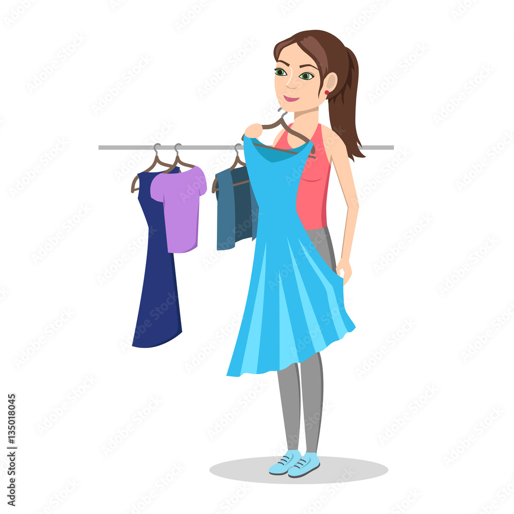 Girl trying on dress in clothing store. Shopping. Woman buys a fashionable,  beautiful dress. Isolated on white background. Vector illustration. Stock  Vector | Adobe Stock, image size:1000x1000