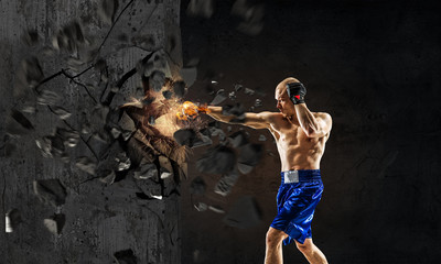 Poster - Young boxer man . Mixed media . Mixed media