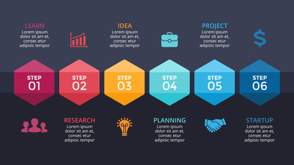 Wall Mural - Vector arrows hexagons timeline infographic, diagram chart, graph. Business concept with 6 options, parts, steps, processes. Ready for presentation slide template. Dark background.