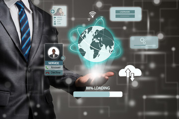 young businessman with icons media network connection.