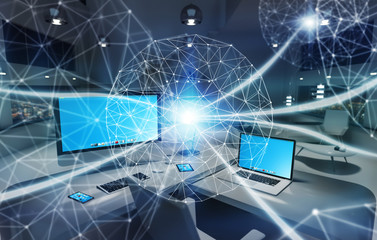 Aufkleber - Workplace with modern devices and hologram screens 3D rendering